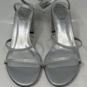 Rene Caovilla Womens Cleo Silver-Tone Embellished Ankle Strap Sandals Size 40 EU